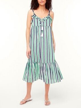 J Crew Green & Blue & White Striped 100% Cotton Midi Sun Dress Spaghetti Straps